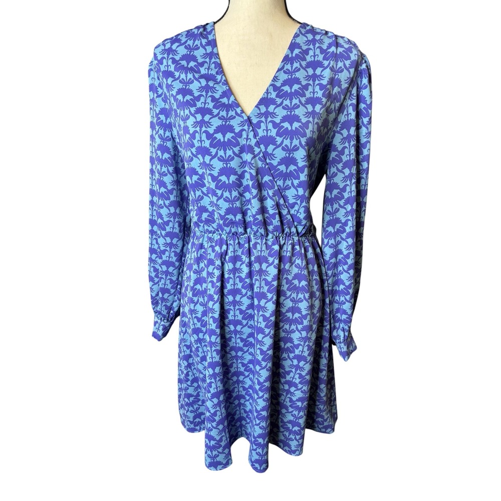 Nicole Miller New York Blue Purple Floral Faux Wrap Long Sleeve Dress Womens 12